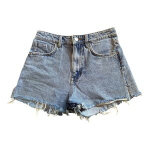 Zara Denim High Rise Distressed Cutoff Shorts Trendy Chic Zip Fly